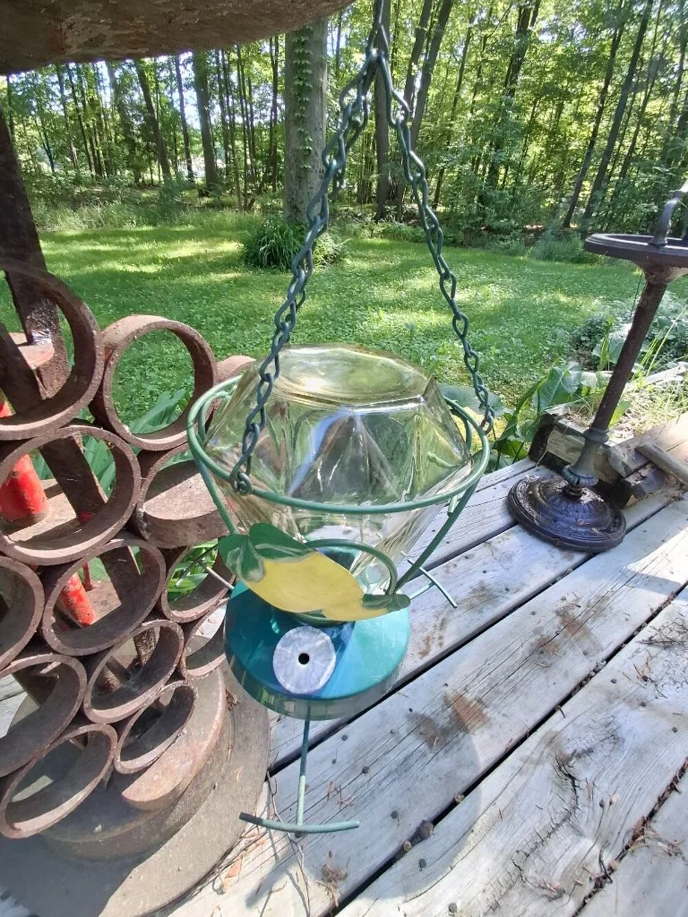 Vintage Glass with Metal Lemons Hummingbird Feeder